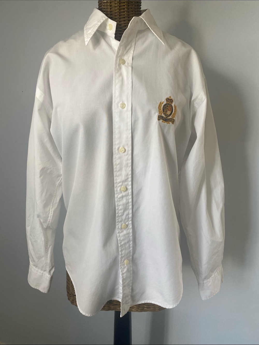 Ralph Lauren White Button-Down Shirt with Gold Crest Embroidery